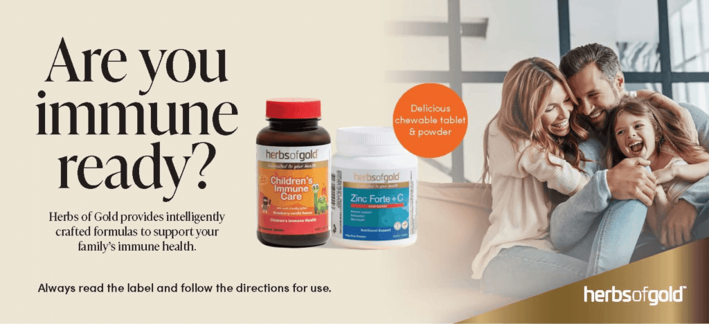 Are you immune ready? Herbs of gold products and photograph of family laughing on couch.