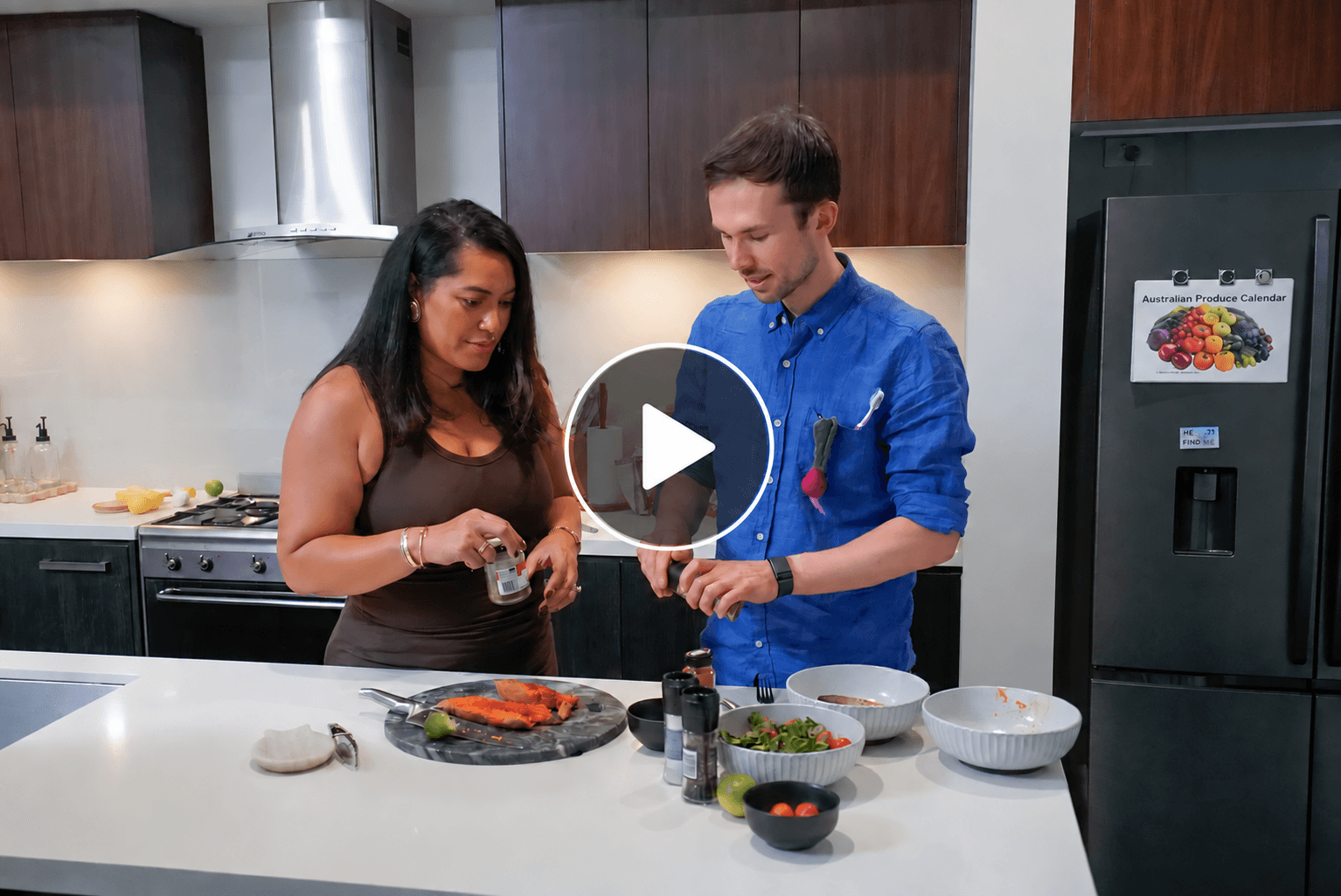 Kitchen scene with translucent play button